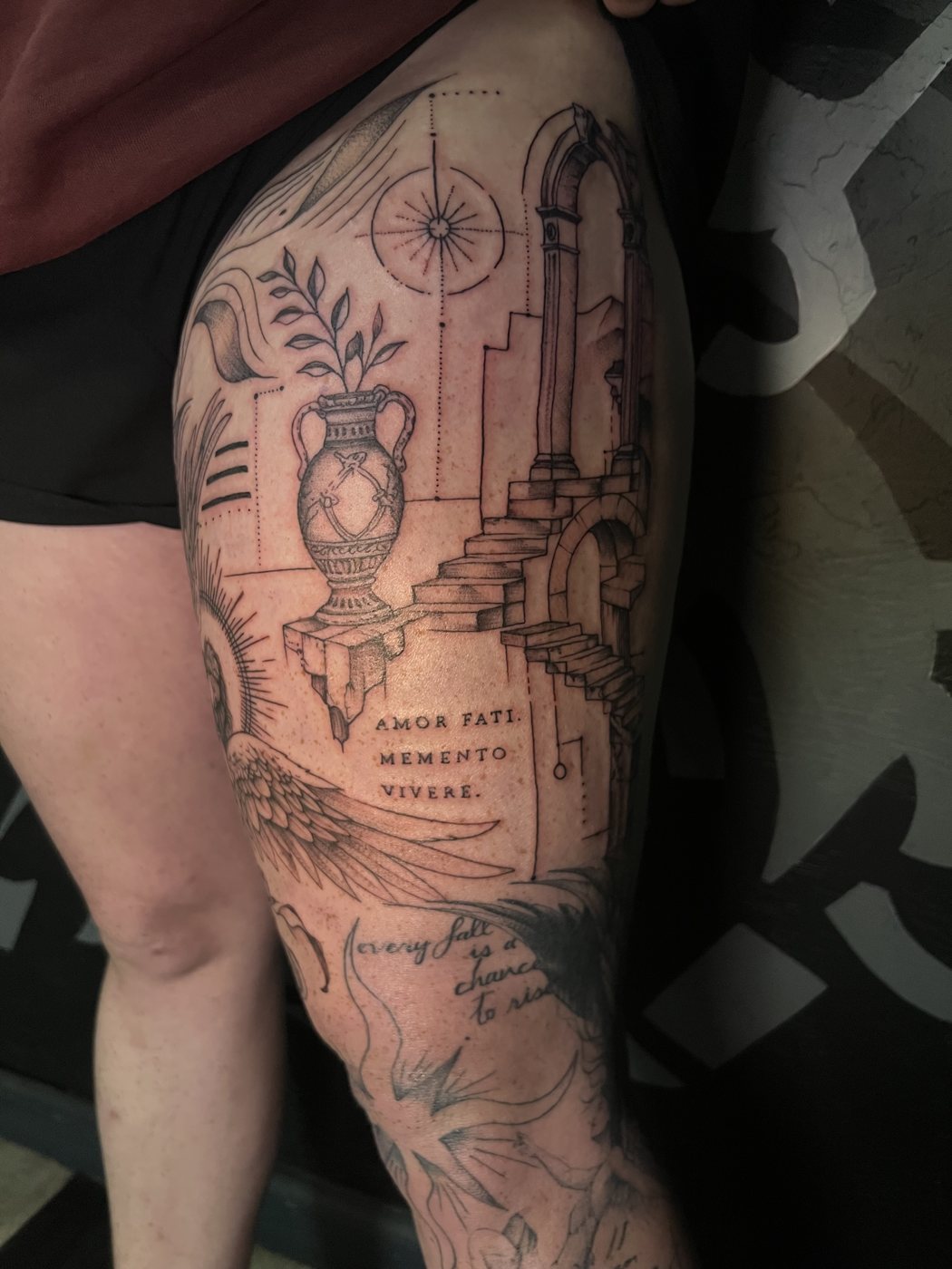 Greek vase, arches and stairs with Amor Fati script, thigh tattoo by Bri, Kustom Tattoo Club
