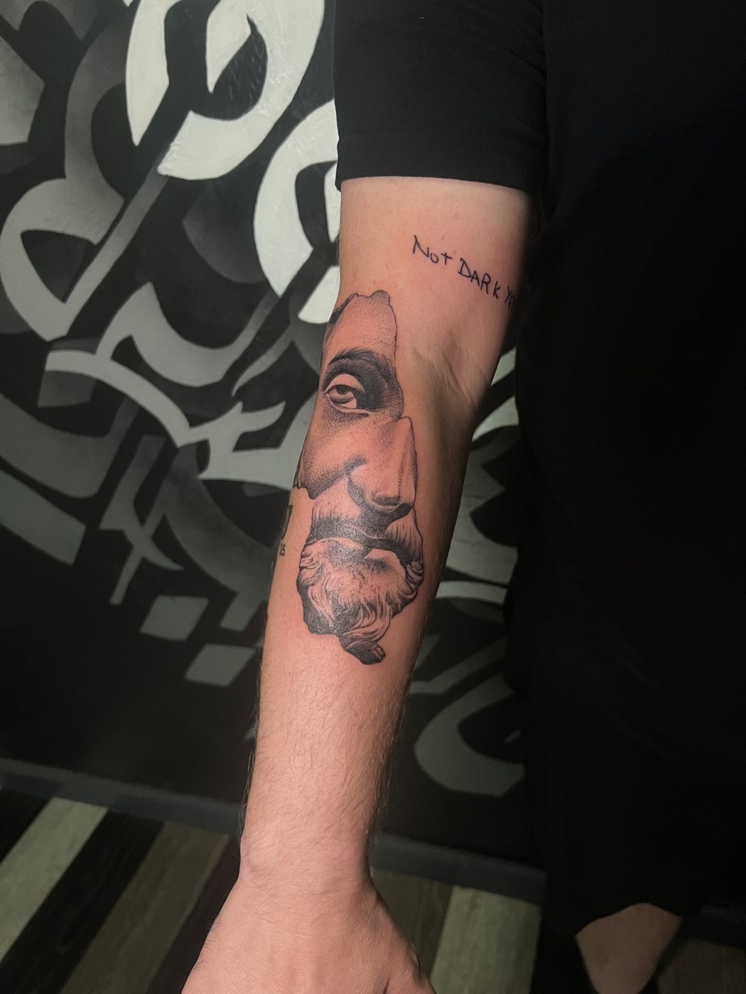 Broken marble statue face, forearm tattoo by Bri, Kustom Tattoo Club