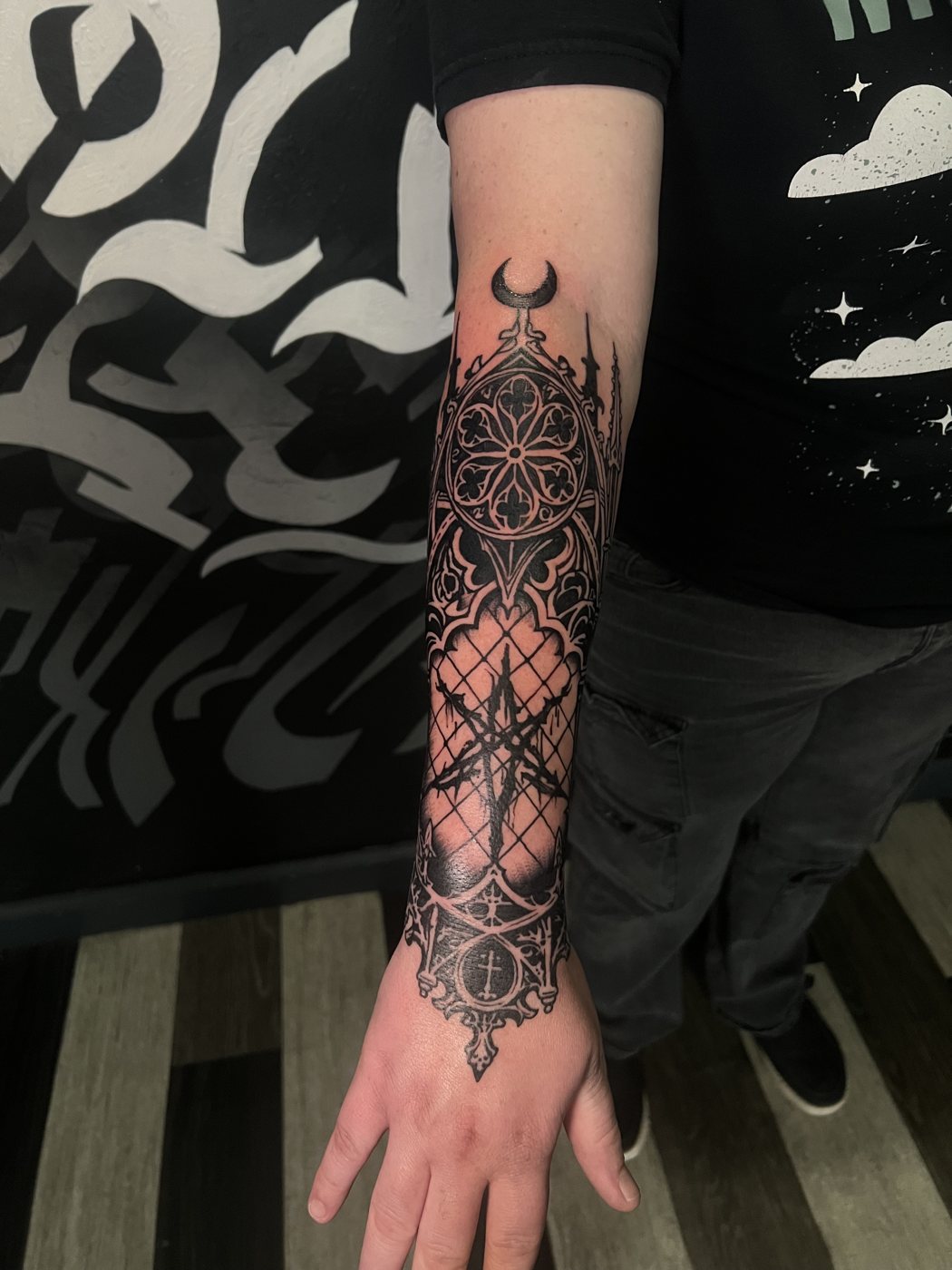Gothic cathedral window blackwork, forearm tattoo by Bri, Kustom Tattoo Club