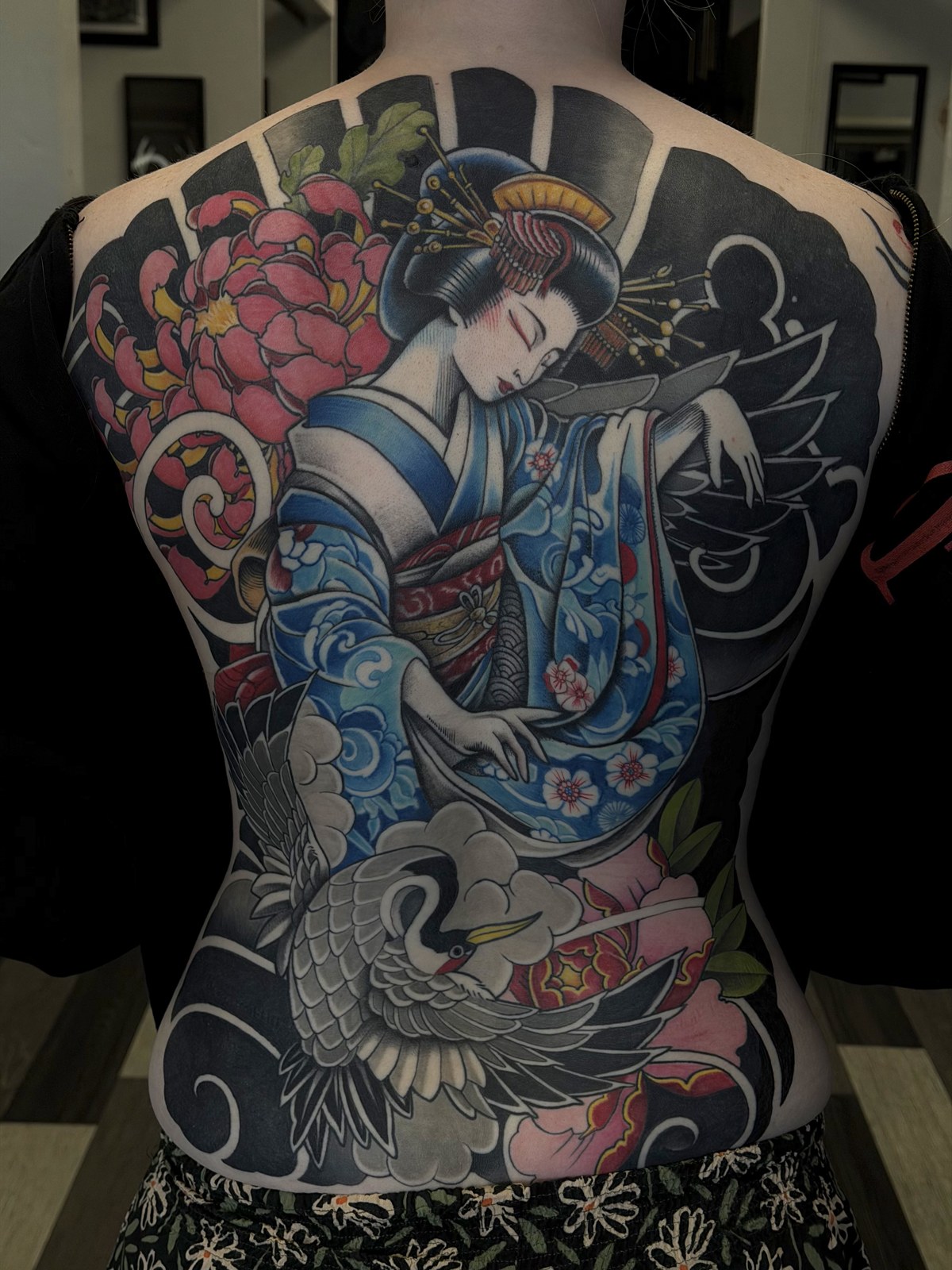Japanese geisha and crane full back tattoo by Tatted Kevin, Kustom Tattoo Club