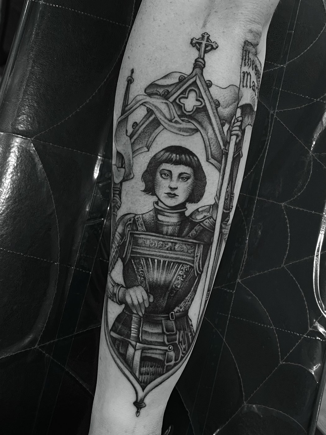 Joan of Arc in armor tattoo by Katy, Kustom Tattoo Club