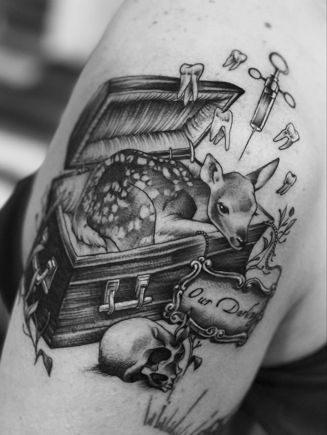 Our Darling fawn in a coffin tattoo by Katy, Kustom Tattoo Club