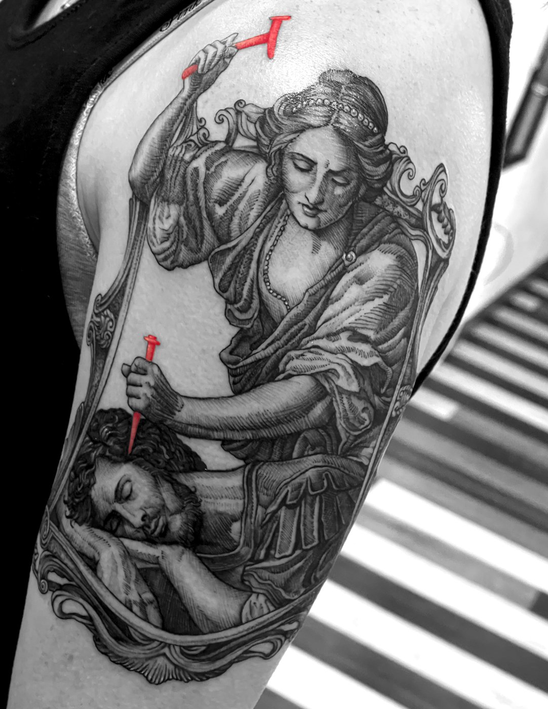 Jael and Sisera framed portrait tattoo by Katy, Kustom Tattoo Club