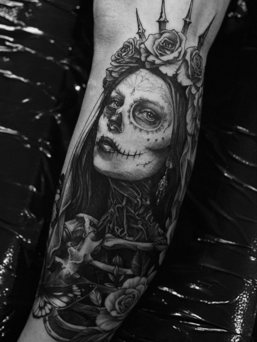 Sugar skull woman with rose crown tattoo by Katy, Kustom Tattoo Club