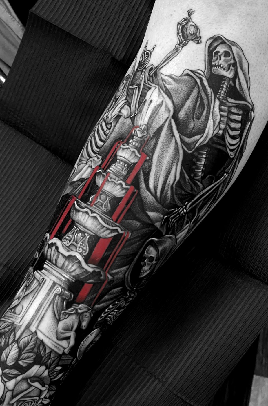 Grim reaper with red-lined column tattoo by Katy, Kustom Tattoo Club