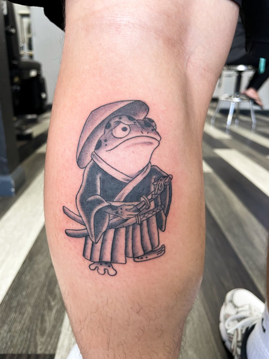Samurai frog, calf tattoo by Lindsay, Kustom Tattoo Club