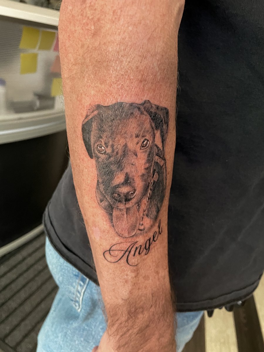Memorial dog portrait with name script by Lindsay, Kustom Tattoo Club