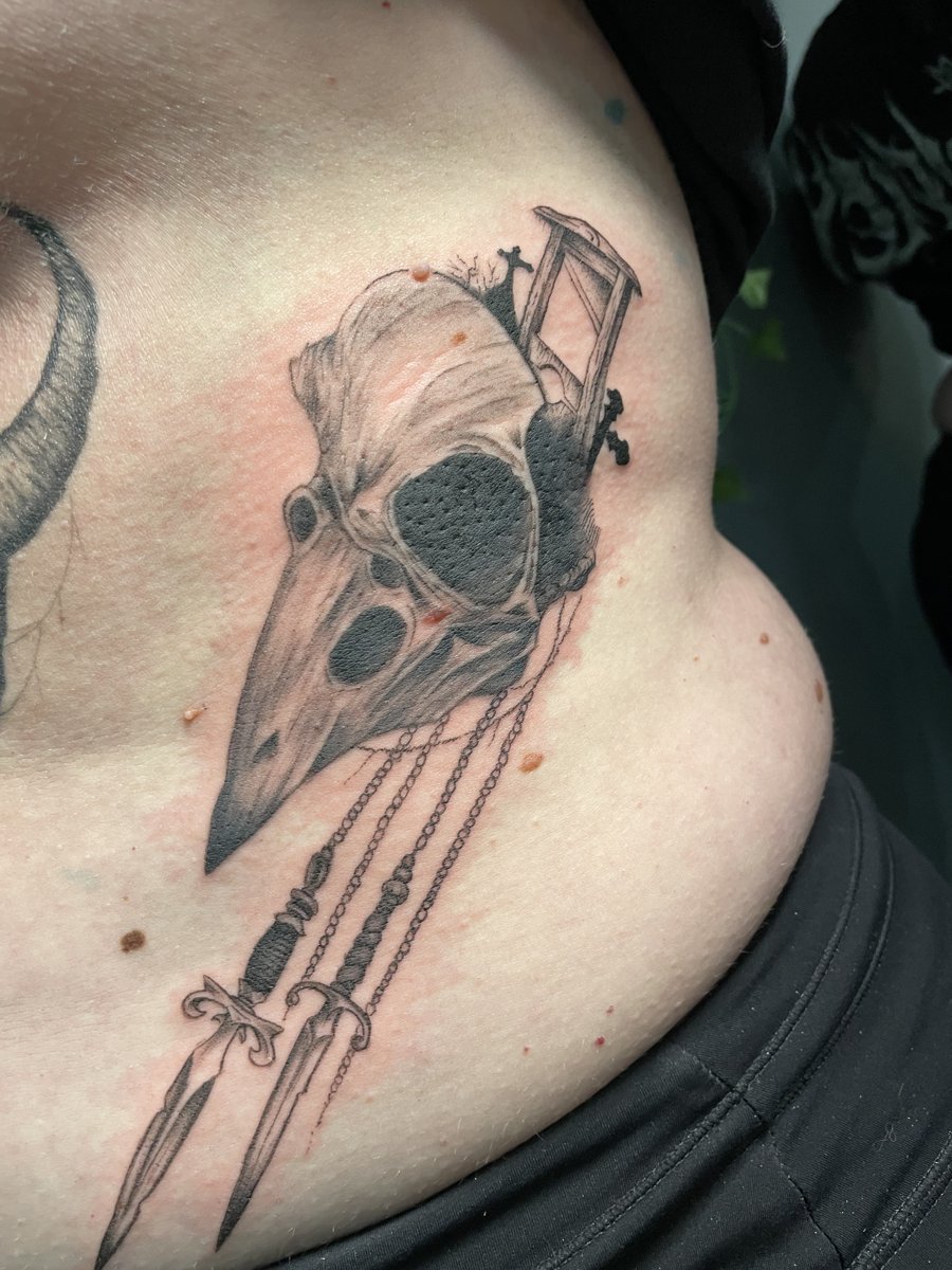 Bird skull with daggers by Lindsay, Kustom Tattoo Club
