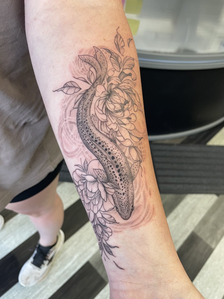 Fish with peonies, forearm tattoo by Lindsay, Kustom Tattoo Club