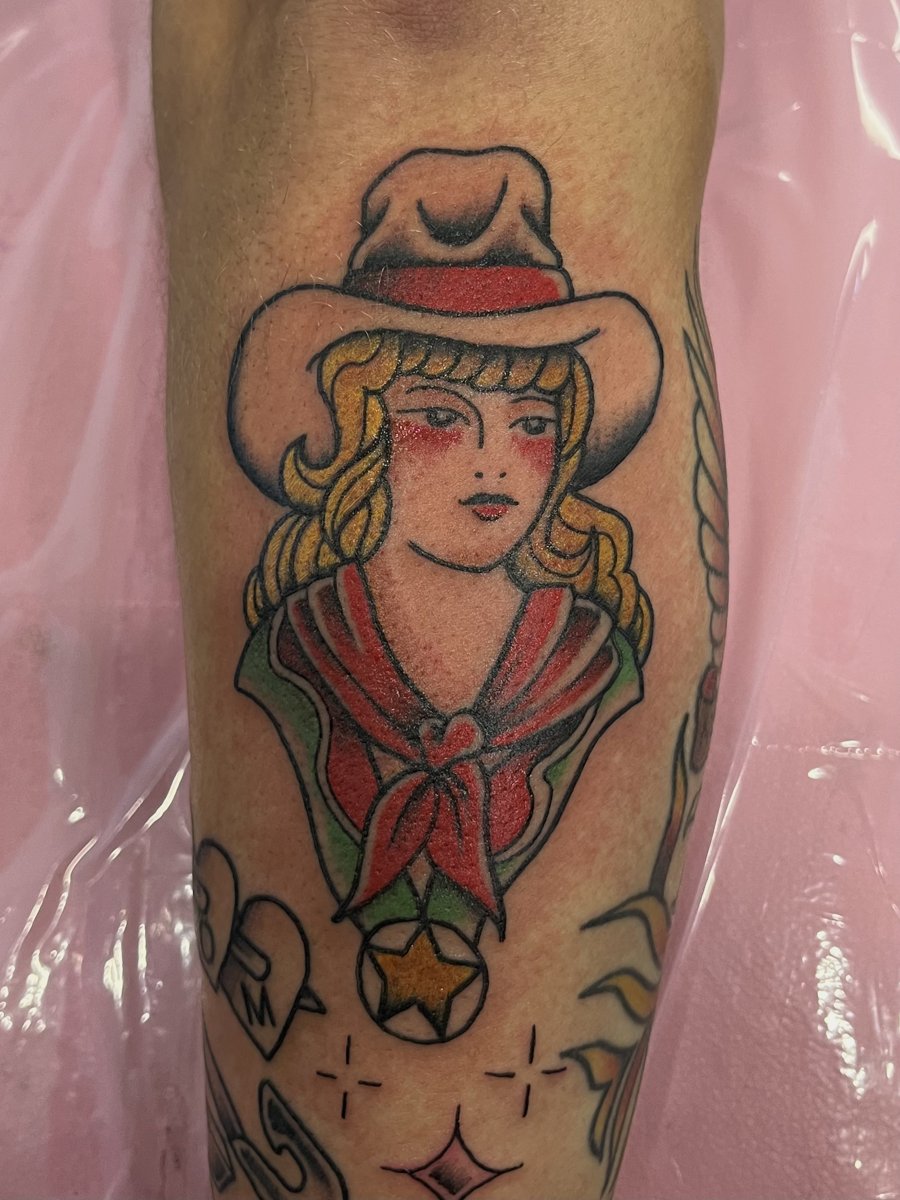 Traditional cowgirl portrait, tattoo by Trin, Kustom Tattoo Club