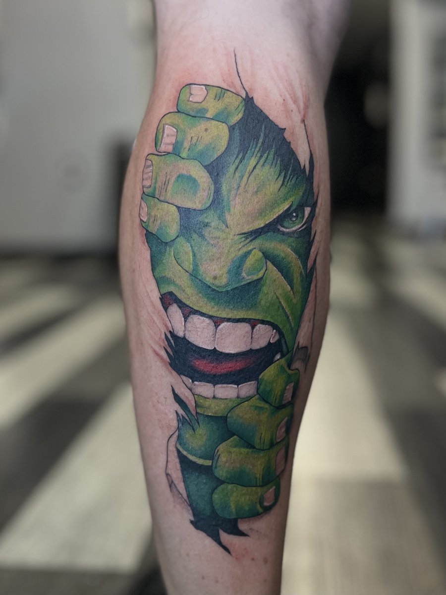 Hulk ripping through the skin, tattoo by Trin, Kustom Tattoo Club