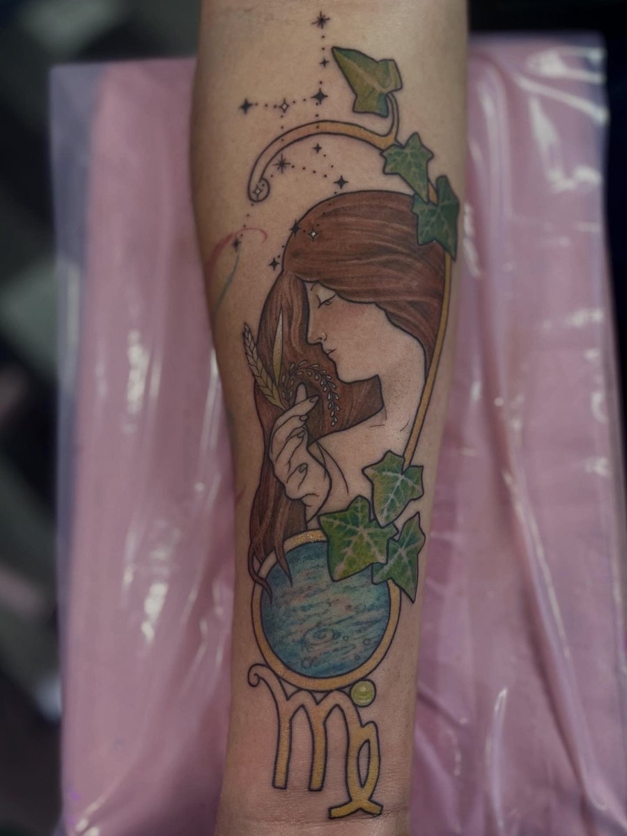 Art nouveau Virgo woman with ivy, tattoo by Trin, Kustom Tattoo Club